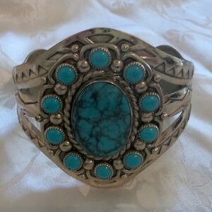 Chunky Vintage Bell Trading Post Nickel Silver Turquoise Lucite Bracelet 7"